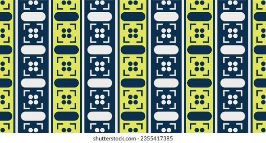 Alternating yellow and blue columns with an abstract geometric pattern.