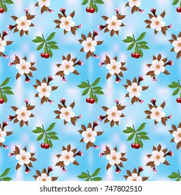 The alternation of the cherry blossoms and cherries on the celestial abstract background, floral seamless texture in form of square, vector.