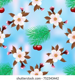 The alternation of fir tree branches decorated with cherries and cherry blossoms, Christmas seamless pattern, vector.