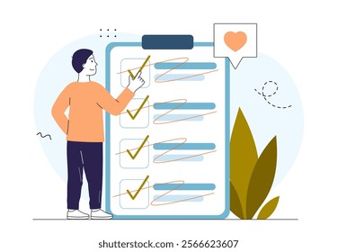 Alternation of rubrics. Man with huge list of tasks and goals. Content manager with schedule and content plan. Promotion on social networks and Internet. Linear vector illustration