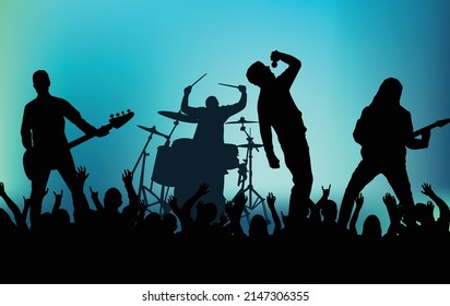 Alternative Band Musicians Concert with Crowd Silhouettes