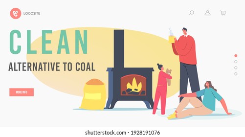 Alternative Bio Coal Landing Page Template. Family Characters Heating Home With Biological Coal, Wood Pellets For Stove. Ecology, People Use Natural Fuel Heating System. Cartoon Vector Illustration