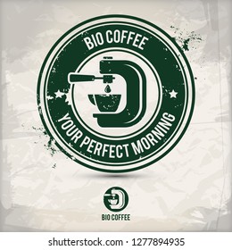 alternative bio coffee stamp containing: two environmentally sound eco motifs in circle frames, grunge ink rubber stamp effect, textured paper background, eps10 vector illustration