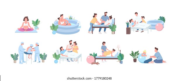 Alternative birth flat color vector faceless character set. Training for pregnant woman. Young couple with baby isolated cartoon illustration for web graphic design and animation collection