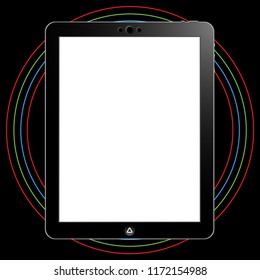 Alternative black tablet with 3D camera and vintage background to use as a mockup for commercial or personal presentations