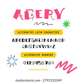 Alternative character set presentation featuring custom Latin letters and stylized numerals from a playful experimental typeface. This font specimen highlights unique alternate glyphs, creative letter variations and distinctive number designs