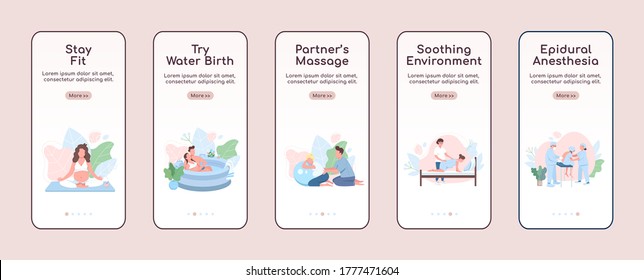 Alternative childbirth onboarding mobile app screen flat vector template. Prenatal care. Walkthrough website steps with characters. UX, UI, GUI smartphone cartoon interface, case prints set