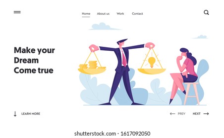 Alternative Choice, Investment Assistance Website Landing Page. Businessman Holding Golden Scales with Coins and Light Bulb, Business Woman Think Idea Web Page Banner. Cartoon Flat Vector Illustration