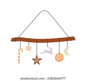 Alternative Christmas eco tree. Interior decoration made of wood. Eco-friendly Xmas decorations made paper and textiles. New Years decoration. DIY decor. Driftwood decoration. Flat vector illustration