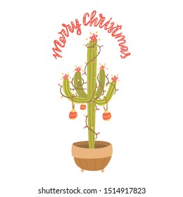 Alternative Christmas tree. Cactus with christmas balls, light garland. Hand drawn vector illustration with lettering. Merry Christmas.