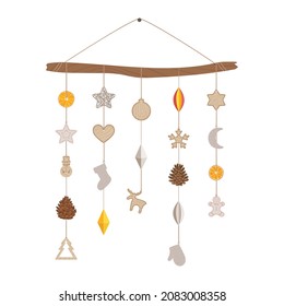 Alternative Christmas tree made with branch and eco wood, paper, textile toys, pine cone, dry orange hanging on a rope. Plastic free winter holidays. Hand drawn vector illustration