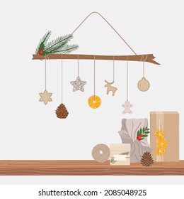 Alternative Christmas tree made with branch and wood, paper, textile toys, pine cone, dry orange hanging on a rope. Shelf with present gifts in kraft paper, furoshiki. Hand drawn vector illustration

