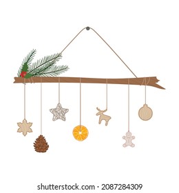 Alternative Christmas tree made with branch and eco wood, paper, textile toys, pine cone, dry orange hanging on a rope. Plastic free winter holidays. Hand drawn vector illustration