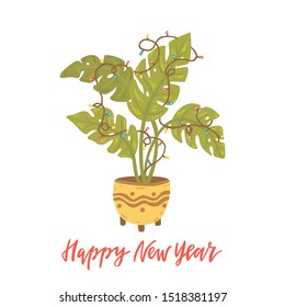 Alternative Christmas tree. Monstera with lamp garland. Hand drawn vector illustration with lettering. Happy New Year. Tropical plant.