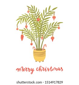 Alternative Christmas tree. Palm with christmas balls. Hand drawn vector illustration with lettering. Merry Christmas.