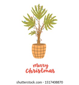 Alternative Christmas tree. Palm with lamp garland. Hand drawn vector illustration with lettering. Merry Christmas.