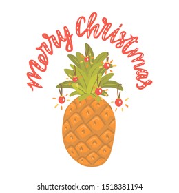 Alternative Christmas tree. Pineapple with christmas balls. Hand drawn vector illustration with lettering. Merry Christmas.