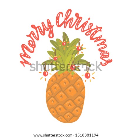 Alternative Christmas tree. Pineapple with christmas balls. Hand drawn vector illustration with lettering. Merry Christmas.