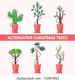 alternative to a Christmas tree, a set of plants in a pot decorated with a garland, a new year in hot countries