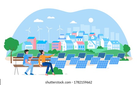 Alternative city green energy concept flat vector illustration. Cartoon urban cityscape with people enjoying view of eco friendly housing complex, houses, windmills, solar panels isolated on white