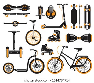 Alternative city transport and urban wheels outline icons. Personal transportation gadgets. Electric scooters, balance boards, skateboards, bicycle and kick bike. Modern eco friendly vehicles set.