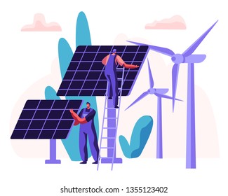 Alternative Clean Energy Concept with Solar Panels, Wind Turbines and Engineer Character. Renewable Power Sources with Windmills. Vector flat illustration