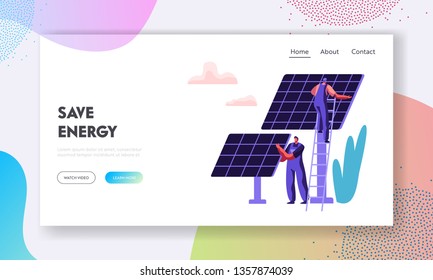 Alternative Clean Energy Concept with Solar Panels and Engineer Character Landing Page Template. Renewable Solar Power Sources Website, Web Page Banner. Vector flat illustration