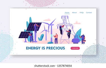 Alternative Clean Energy Concept with Solar Panels, Wind Turbines and Engineer Character Landing Page. Renewable Power Sources with Windmills Website, Web Page Banner. Vector flat illustration