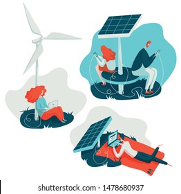 Alternative Clean Energy Concept with Solar Panels, Wind Turbines. man works on laptop. young woman young man charge a phone from a solar battery