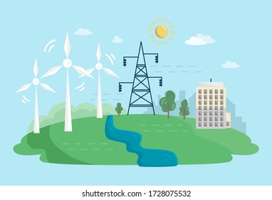 Concepto alternativo de energía limpia con turbinas eólicas. Fuentes de energía renovables con molinos de viento. Ilustración plana del vector