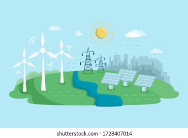 Concepto alternativo de energía limpia con turbinas eólicas y paneles solares. Fuentes de energía renovables con molinos de viento. Ilustración plana del vector