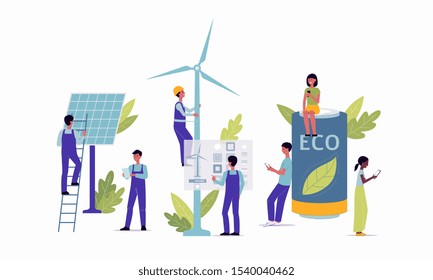 Alternative clean energy and renewable sources concept with solar panels, wind turbines and people characters, flat vector illustration isolated on white background.