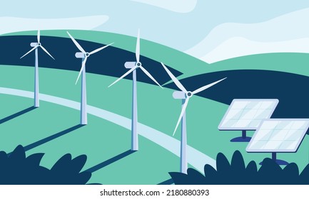 Alternative Clean Energy stock illustration, Renewable Energy Illustration, Wind Turbine, Solar Panels