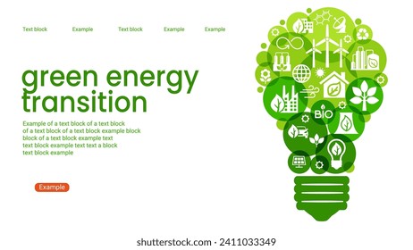 Alternative clean energy. Transition to environmentally friendly world concept.  Ecology infographic. Green power production. Transition to renewable alternative energy. Vector web design. 