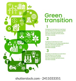 Alternative clean energy. Transition to environmentally friendly world concept.  Ecology infographic. Green power production. Transition to renewable alternative energy. Vector web design. 