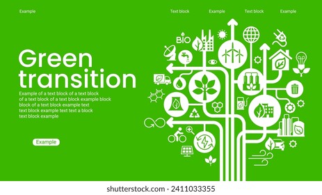 Alternative clean energy. Transition to environmentally friendly world concept.  Ecology infographic. Green power production. Transition to renewable alternative energy. Vector web design. 