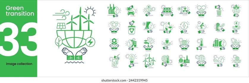 Alternative clean energy. Transition to environmentally friendly world concept.  Ecology infographic. Green power production. Transition to renewable alternative energy. Vector webdesign. 