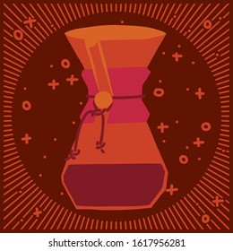 Alternative coffee brewing method illustration. Hand lettering and monochromatic flat coffee maker illustration in background. Round shape in square frame label. Red brown color palette.