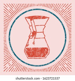 Alternative coffee brewing method illustration. Hand lettering overlayed with line coffee maker icon in frame. Vintage letterpress effect. Two color print. Square label.