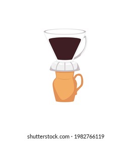 Alternative coffee brewing method with using pour over. Coffee maker equipment for making tasty drink with caffeine. Icon for print, design of menu or web. Vector flat illustration