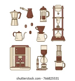 Alternative coffee brewing methods flat icons set. Collection of vector percolators, pots and kettles. Hand drawn isolated design elements for cafe menu infographic