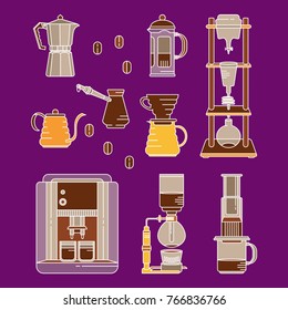 Alternative coffee brewing methods flat icons set. Collection of vector percolators, pots and kettles. Hand drawn colored design elements for cafe menu infographic