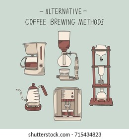 
Alternative coffee brewing methods illustration set. Collection of vector percolators, machines and kettles in sketch style. Hand drawn design elements for cafe menu infographic