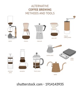 Alternative coffee brewing methods illustrations. Pour over, chemex, moka pot, siphon, aeropress, american press, french press, turkish cezve, kettle, manual coffee grinder, scales.