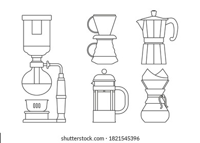 Alternative Coffee Brewing Methods  in Outline Concept. Coffee Makers Set. Siphon. Dripper. Geyser Coffee Pot. French Press. Pour over.