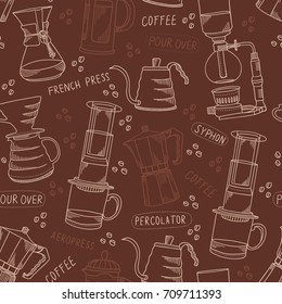 Alternative coffee brewing methods seamless pattern with percolators, coffee beans and lettering. Vintage brown and beige vector background. Hand drawn coffee pots and kettles elements design texture