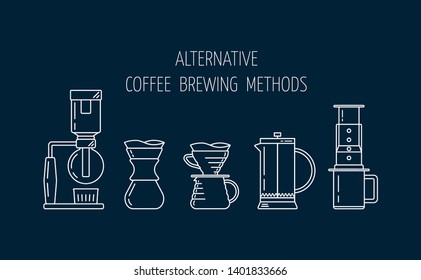 Alternative coffee brewing methods. Set of vector white linear icons about coffee brewing. Siphon, pour over, french press, aeropress. Flat design. Vector illustration