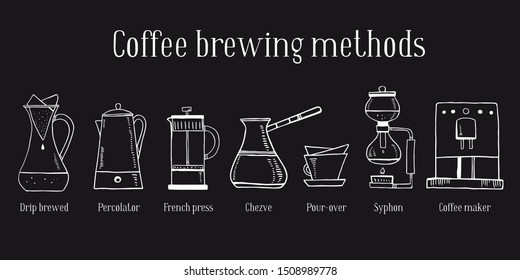 Alternative coffee brewing methods. Set of different coffee makers. Percolator, syphon, pour-over, cezve, french press. Hand drawn outline sketch illustration white on black background