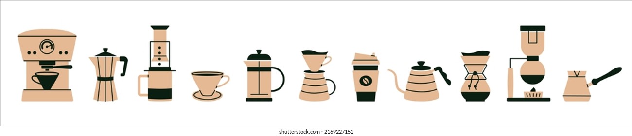 Métodos y herramientas alternativos de elaboración de café. Conjunto de cafetera, hario, utensilios, prensa francesa, moka, taza, icono de hervidor. Elementos aislados a mano para café, menú, cafetería
