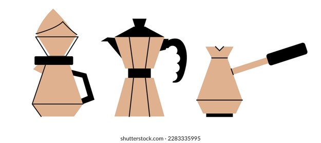 Alternative coffee brewing methods and tools. Set of coffee machine, geyser, utensils, filter, cup, kettle icon. Hand drawn isolated on background elements for cafe, menu, coffee shop in flat style